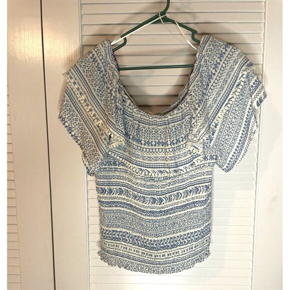 Cato Stretch Off the Shoulder Blue and White Womens Top with Circle Fringe Sz L - Picture 1 of 7